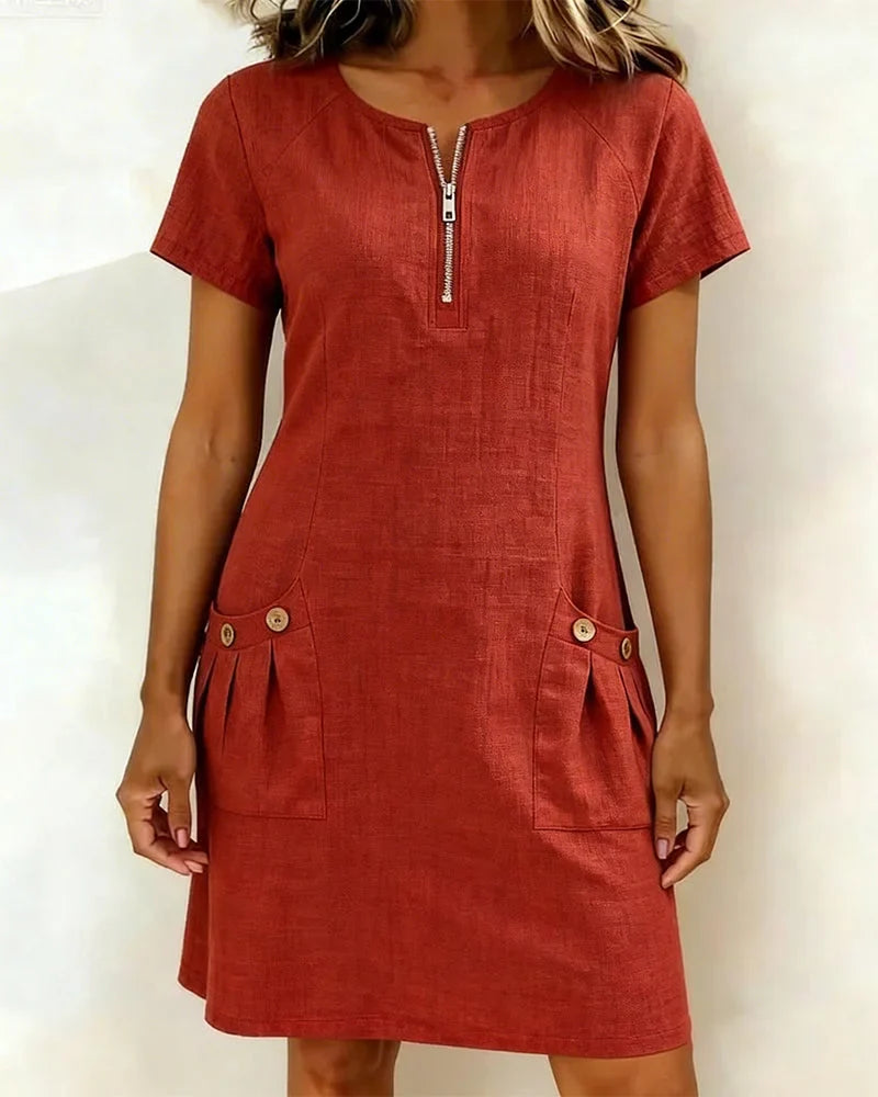 Zipper Pocket Cotton Linen Dress