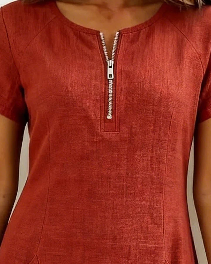 Zipper Pocket Cotton Linen Dress