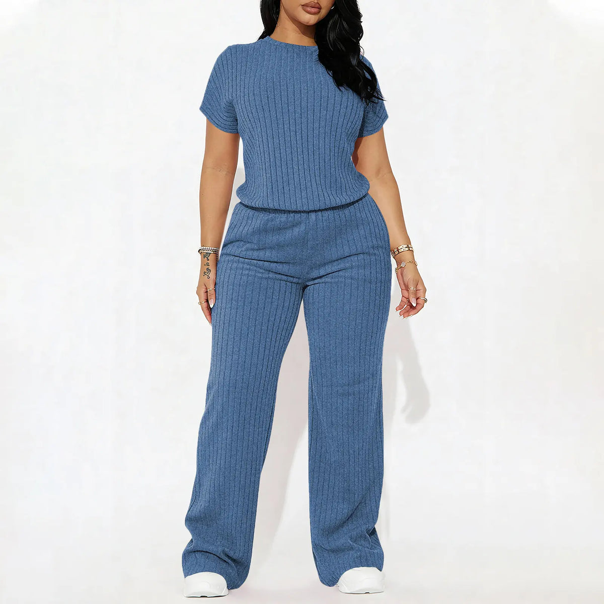 Women's solid color short-sleeved round neck ribbed top and wide-leg pants. Casual, slim-fit, stylish and comfortable set.